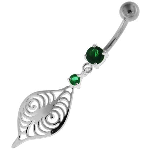 Flower Leaf Jeweled Sterling Silver Navel Belly Button Bar - Monster Piercing