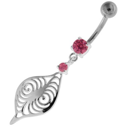 Flower Leaf Jeweled Sterling Silver Navel Belly Button Bar - Monster Piercing