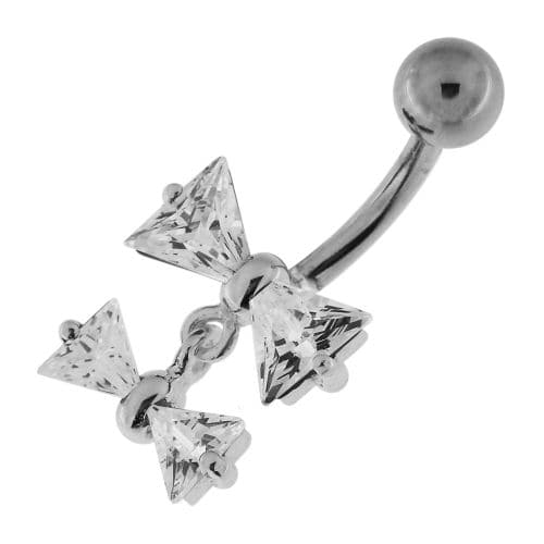 Jeweled Twin Bow Sterling Silver Navel Belly Button Ring - Monster Piercing