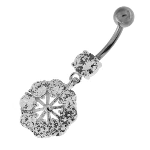 Round Jeweled Flower Sterling Silver Navel Ring - Monster Piercing