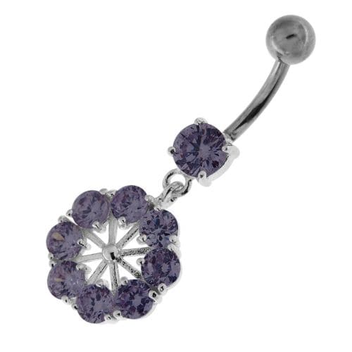 Round Jeweled Flower Sterling Silver Navel Ring - Monster Piercing