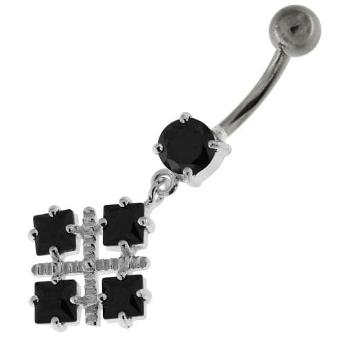 Four Square Jeweled Sterling Silver Navel Bar - Monster Piercing