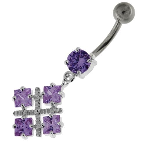 Four Square Jeweled Sterling Silver Navel Bar - Monster Piercing