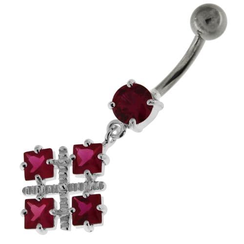 Four Square Jeweled Sterling Silver Navel Bar - Monster Piercing