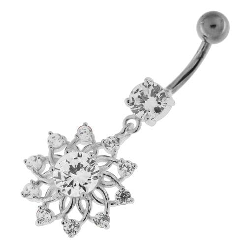 Jeweled Lotus Flower Sterling Silver Belly Button Ring - Monster Piercing