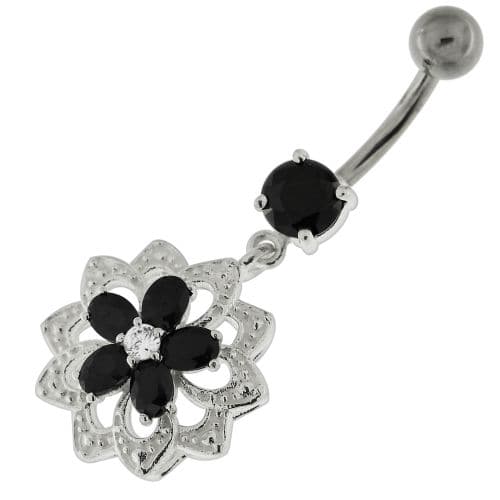 Jeweled Filigree Flower Sterling Silver Belly Button Ring - Monster Piercing