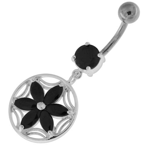 Sterling Silver Dazzling Flower Filigree Navel Bar - Monster Piercing