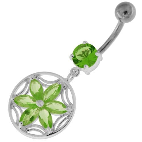 Sterling Silver Dazzling Flower Filigree Navel Bar - Monster Piercing