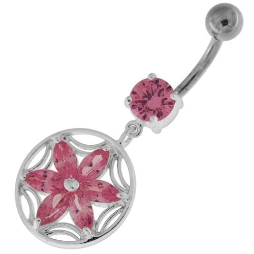 Sterling Silver Dazzling Flower Filigree Navel Bar - Monster Piercing