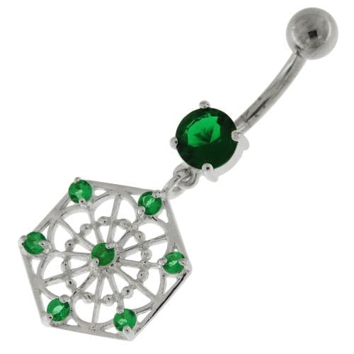 Sterling Silver Jeweled Hexagon Cut out Navel Bar - Monster Piercing