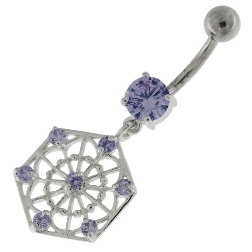 Sterling Silver Jeweled Hexagon Cut out Navel Bar - Monster Piercing