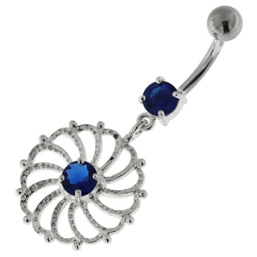 Sterling Silver center Jeweled Swirl Cut out Navel Bar - Monster Piercing