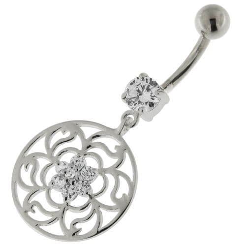 Center Flower with Floral 925 Sterling Silver Belly Button Ring - Monster Piercing