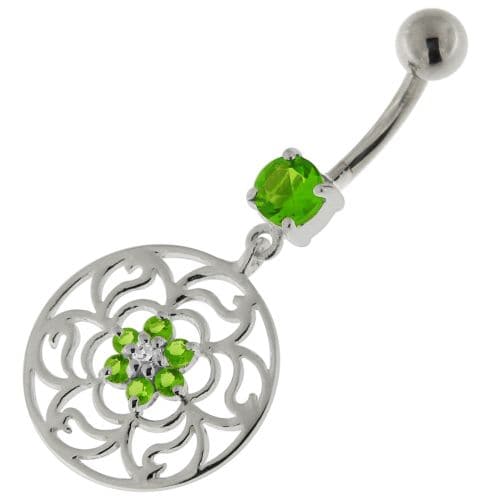 Center Flower with Floral 925 Sterling Silver Belly Button Ring - Monster Piercing