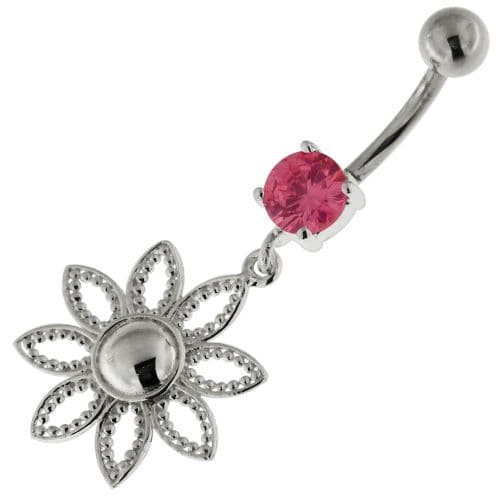 925 Sterling Silver Dotted Flower Belly Button Ring - Monster Piercing