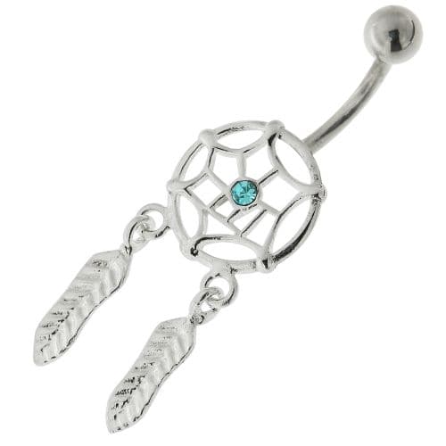 Center Jeweled Dream Catcher Sterling Silver Belly Button Ring - Monster Piercing