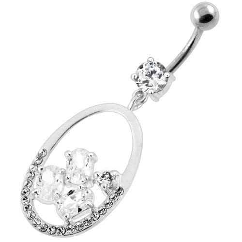 925 Sterling Silver Jeweled Oval Cut out Belly Ring - Monster Piercing