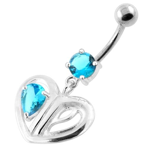 Jewelled Heart Cut out 925 Sterling Silver Navel Bar - Monster Piercing