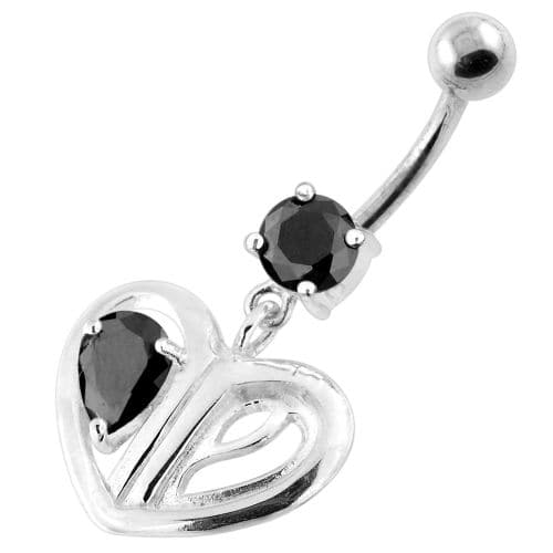 Jewelled Heart Cut out 925 Sterling Silver Navel Bar - Monster Piercing