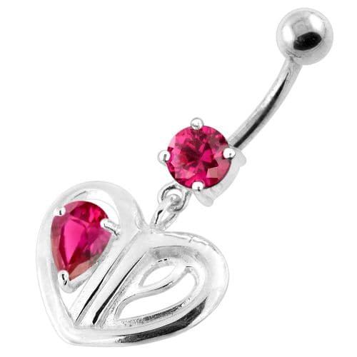 Jewelled Heart Cut out 925 Sterling Silver Navel Bar - Monster Piercing