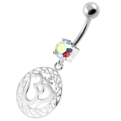 Ohm in a Floral Cut out 925 Sterling Silver Navel Bar - Monster Piercing