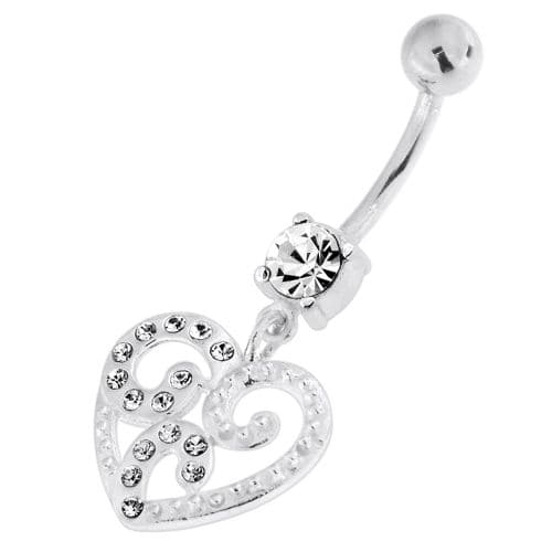 Jewelled Floral Heart 925 Sterling Silver Navel Belly Piercing - Monster Piercing