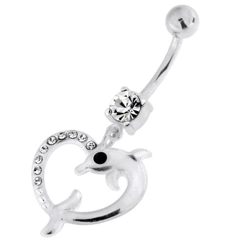 Jewelled Dolphin Heart 925 Sterling Silver Navel Belly Piercing - Monster Piercing