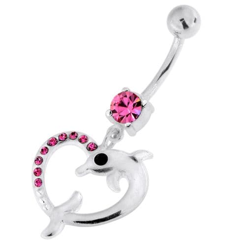 Jewelled Dolphin Heart 925 Sterling Silver Navel Belly Piercing - Monster Piercing