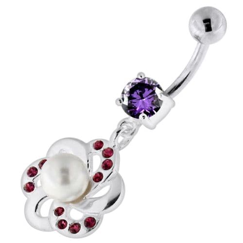 Jewelled Flower with Center Pearl Swirl Navel Belly Piercing - Monster Piercing