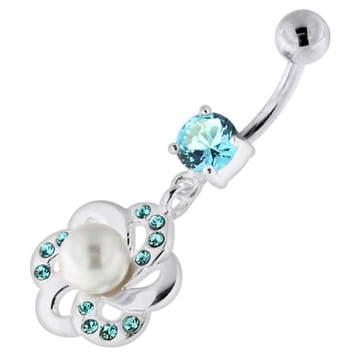 Jewelled Flower with Center Pearl Swirl Navel Belly Piercing - Monster Piercing