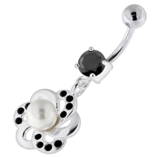 Jewelled Flower with Center Pearl Swirl Navel Belly Piercing - Monster Piercing