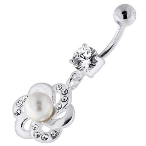 Jewelled Flower with Center Pearl Swirl Navel Belly Piercing - Monster Piercing