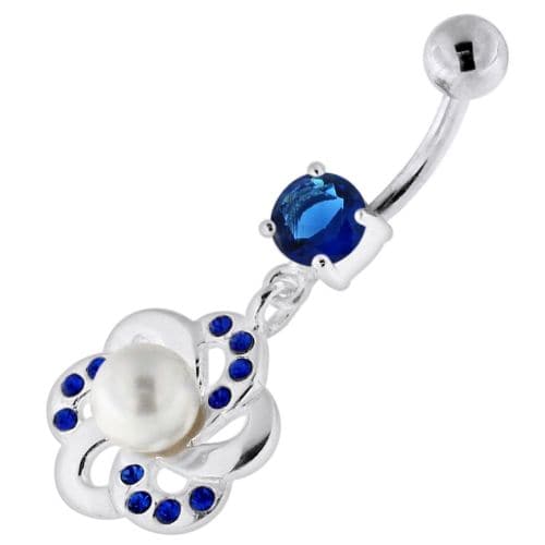 Jewelled Flower with Center Pearl Swirl Navel Belly Piercing - Monster Piercing