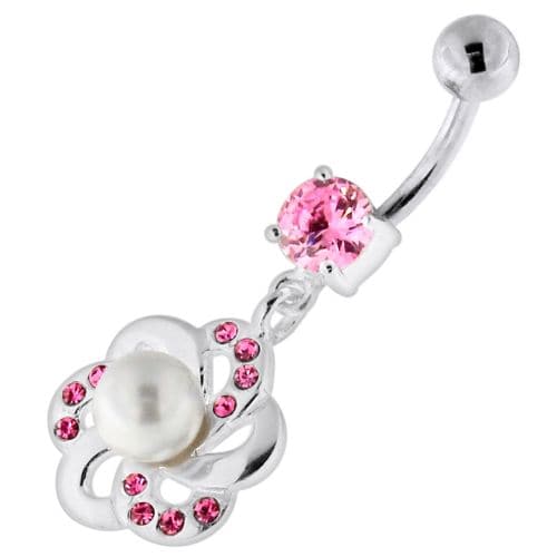 Jewelled Flower with Center Pearl Swirl Navel Belly Piercing - Monster Piercing