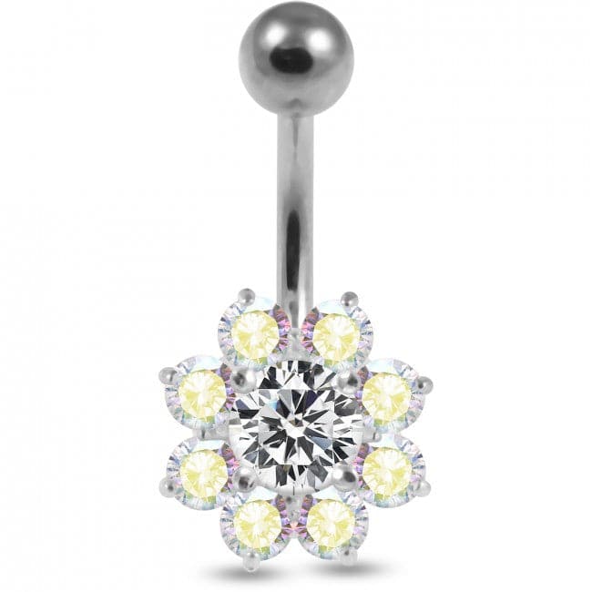 Jeweled Sterling silver Flower Non-Moving Belly Ring - Monster Piercing