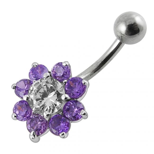 Jeweled Sterling silver Flower Non-Moving Belly Ring - Monster Piercing