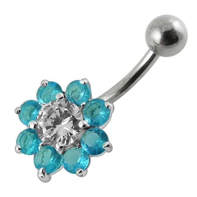 Jeweled Sterling silver Flower Non-Moving Belly Ring - Monster Piercing