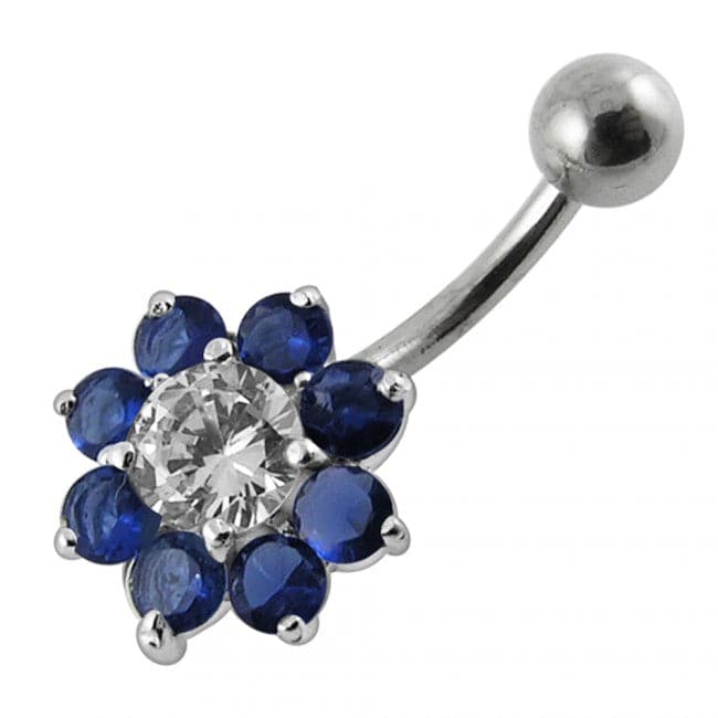 Jeweled Sterling silver Flower Non-Moving Belly Ring - Monster Piercing