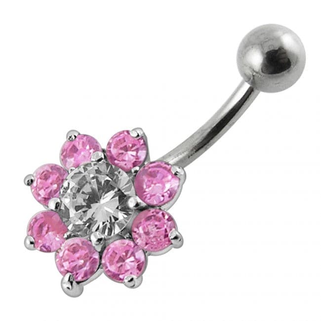 Jeweled Sterling silver Flower Non-Moving Belly Ring - Monster Piercing