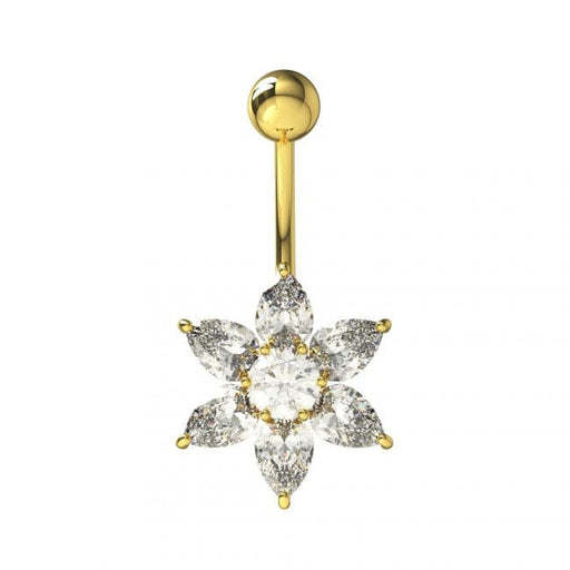 Yellow Gold Plated Sterling Silver Clear Jewel Flower Navel Belly Bar - Monster Piercing