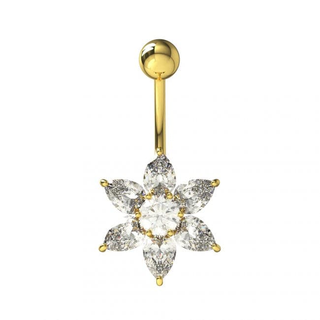 Yellow Gold Plated Sterling Silver Clear Jewel Flower Navel Belly Bar - Monster Piercing