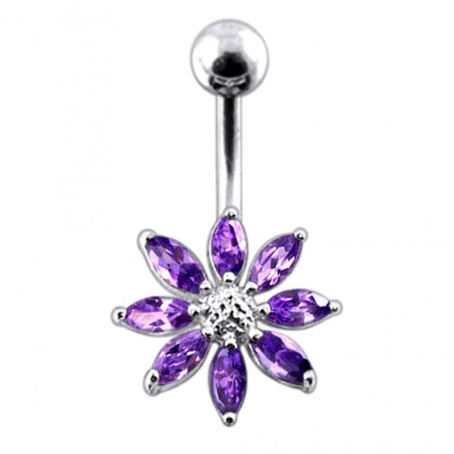 Silver Jeweled Flower With SS Curved Bar Belly Button Navel Ring - Monster Piercing