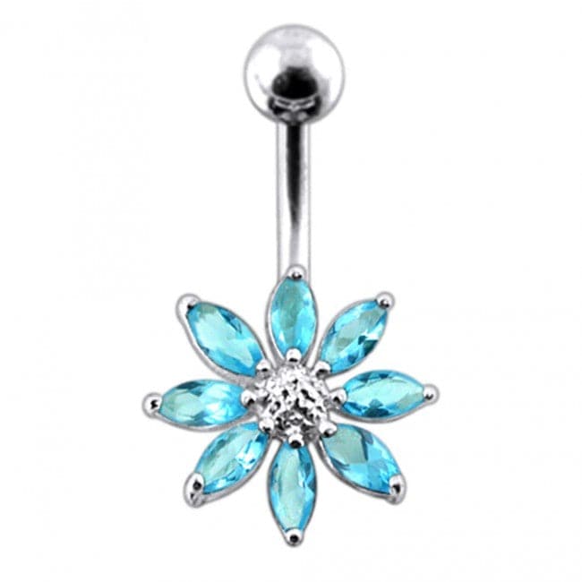 Silver Jeweled Flower With SS Curved Bar Belly Button Navel Ring - Monster Piercing