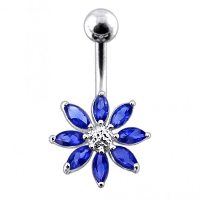 Silver Jeweled Flower With SS Curved Bar Belly Button Navel Ring - Monster Piercing