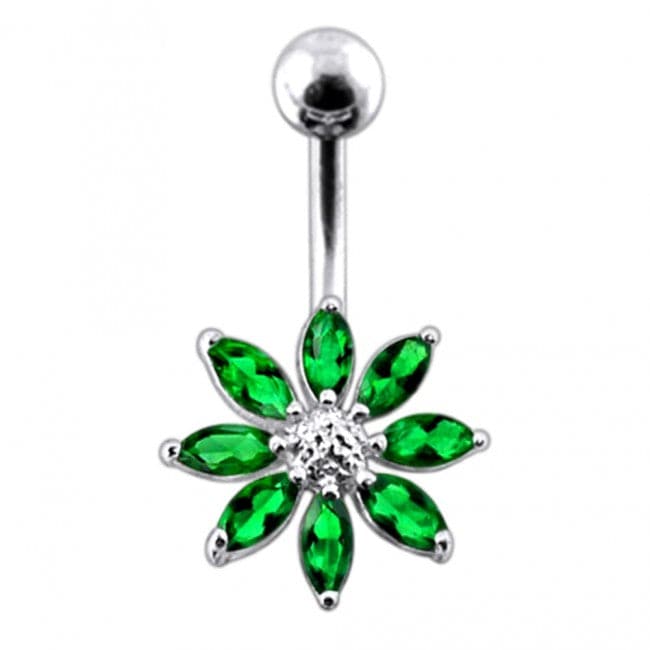 Silver Jeweled Flower With SS Curved Bar Belly Button Navel Ring - Monster Piercing