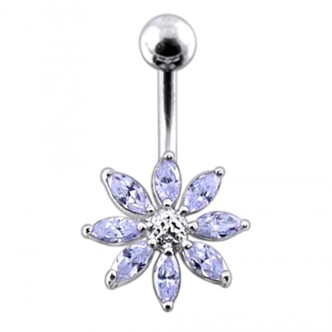 Silver Jeweled Flower With SS Curved Bar Belly Button Navel Ring - Monster Piercing