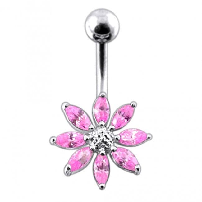 Silver Jeweled Flower With SS Curved Bar Belly Button Navel Ring - Monster Piercing