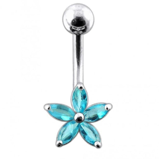 Single Color Jeweled Silver Flower With SS Curved Banana Belly Ring - Monster Piercing