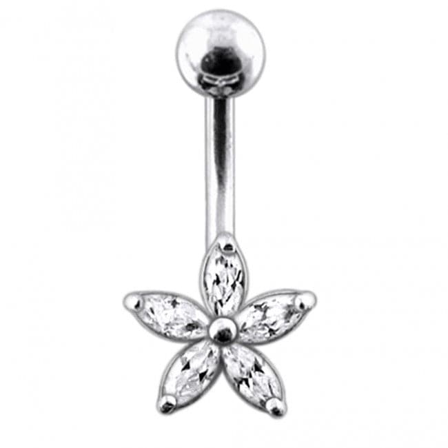 Single Color Jeweled Silver Flower With SS Curved Banana Belly Ring - Monster Piercing