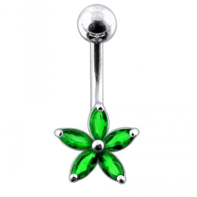 Single Color Jeweled Silver Flower With SS Curved Banana Belly Ring - Monster Piercing